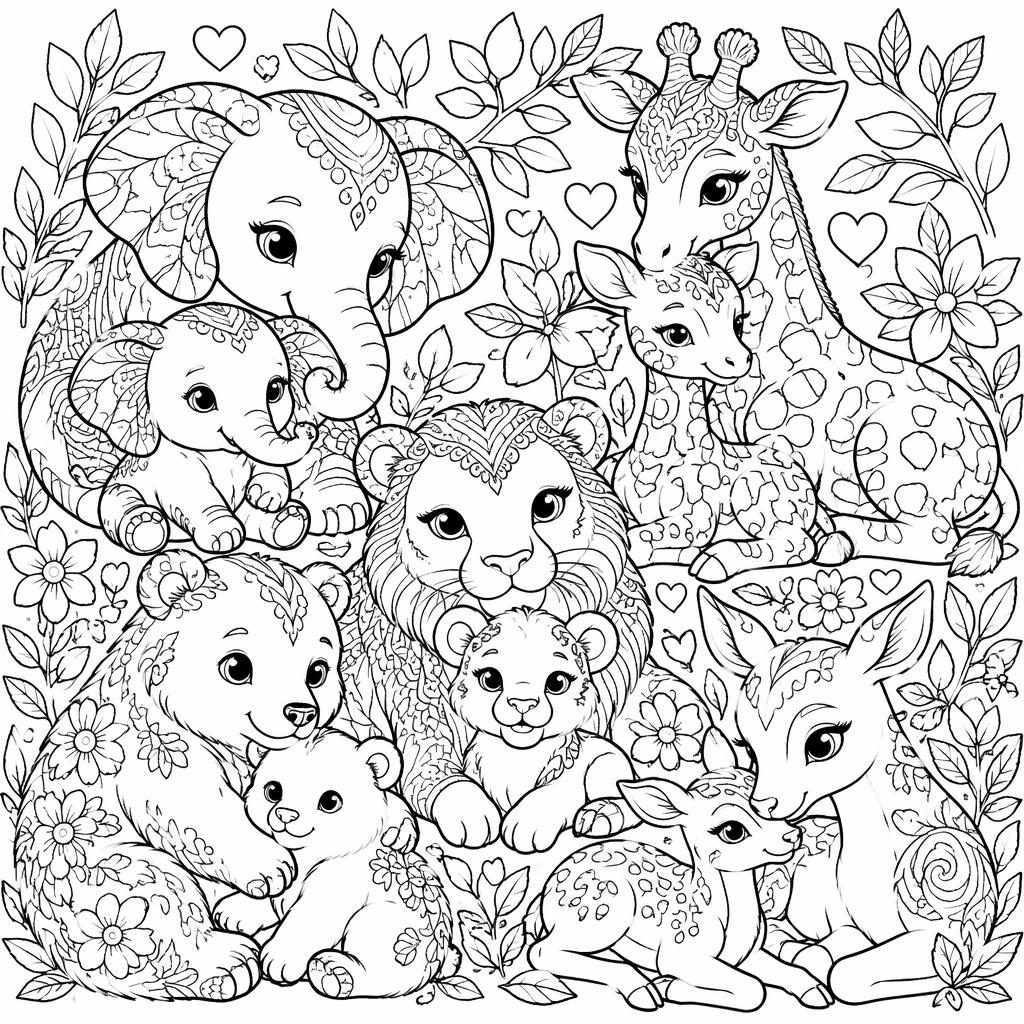 Schwarz-weiße Ausmalbild-Illustration mit Mutter- und Baby-Tieren, detailreich, im Manga-Stil, als klare Line-Art.