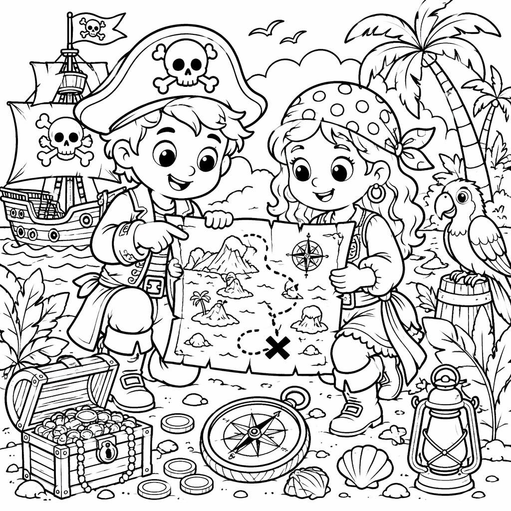 Ilustración para colorear en blanco y negro de niños piratas con un mapa del tesoro, estilo cartoon detallado.