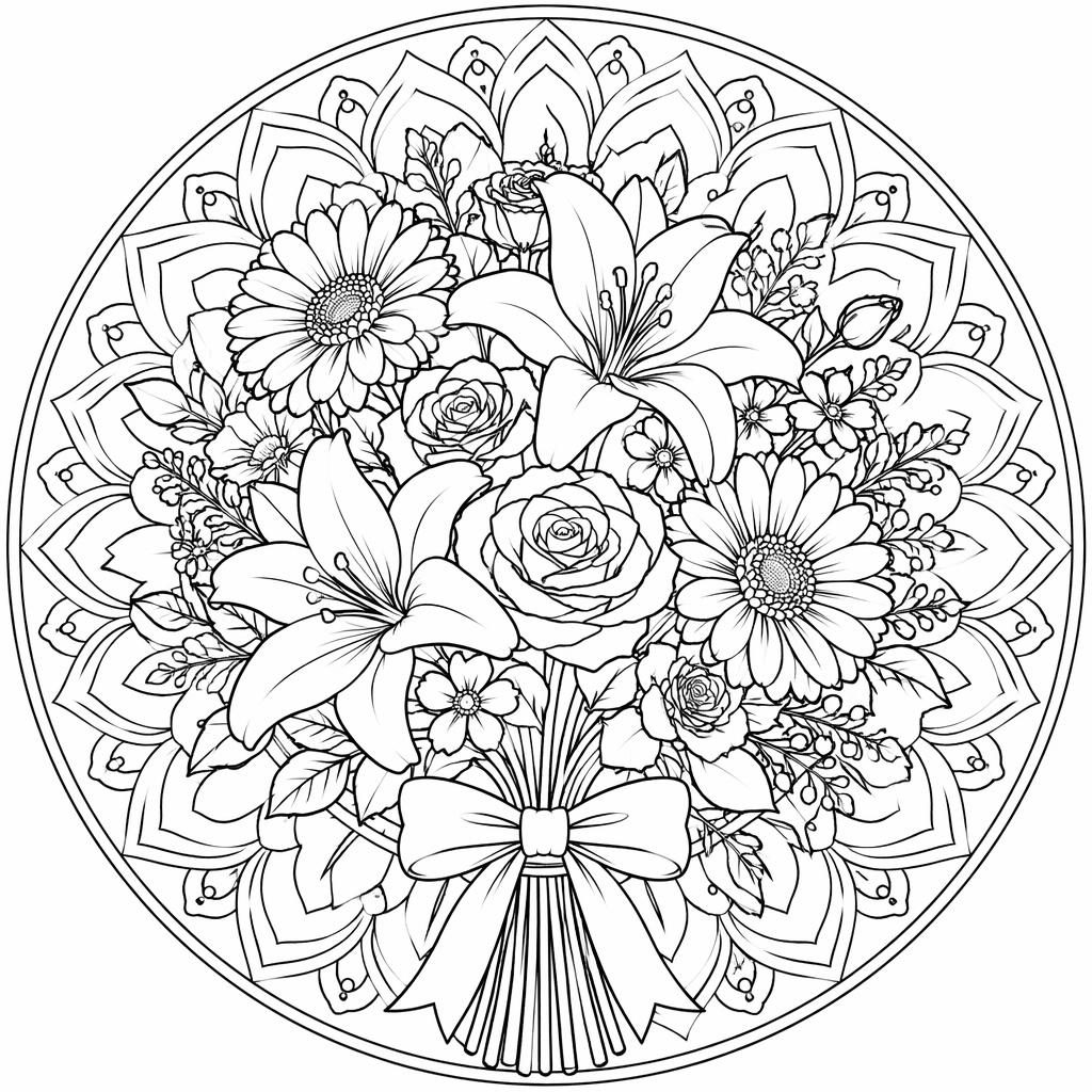 Illustration en noir et blanc d’un bouquet de fleurs en line art, contours nets, formes fermées, style coloriage