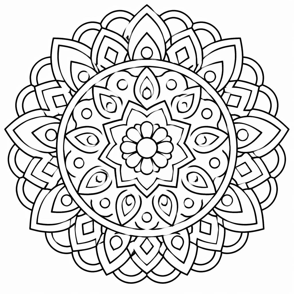 Schwarz-weiße Ausmalseite mit geometrischem Mandala, dicken Konturen und klaren geschlossenen Formen auf weißem Hintergrund.