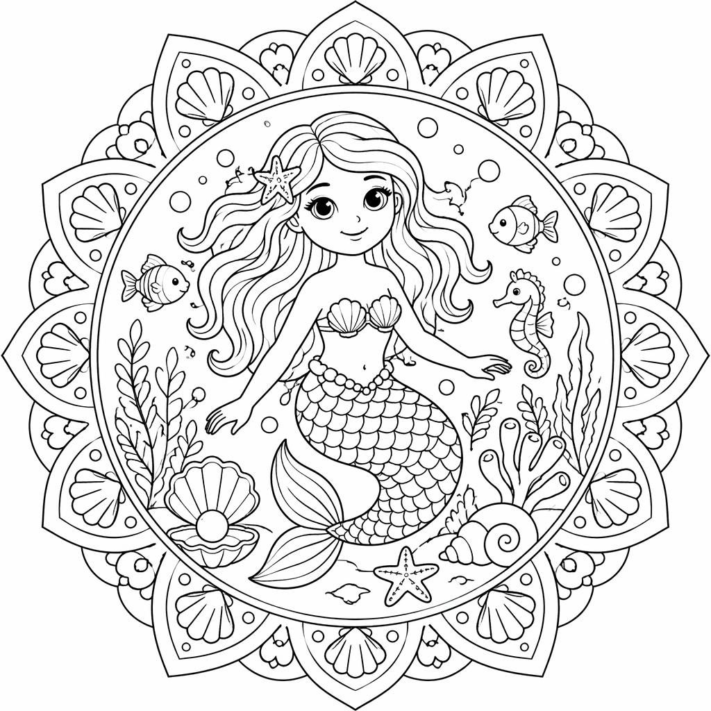 Ilustración para colorear en blanco y negro de una sirena bajo el mar con elementos marinos para niños.