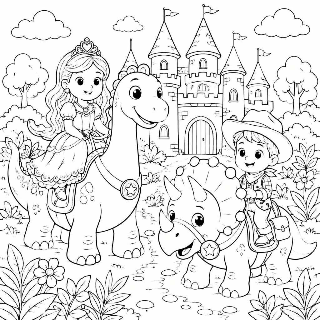 Schwarz-weiße Ausmalseite mit Märchenschloss, Prinzessinnen-Stil, Kindern und botanischen Details als klare Lineart