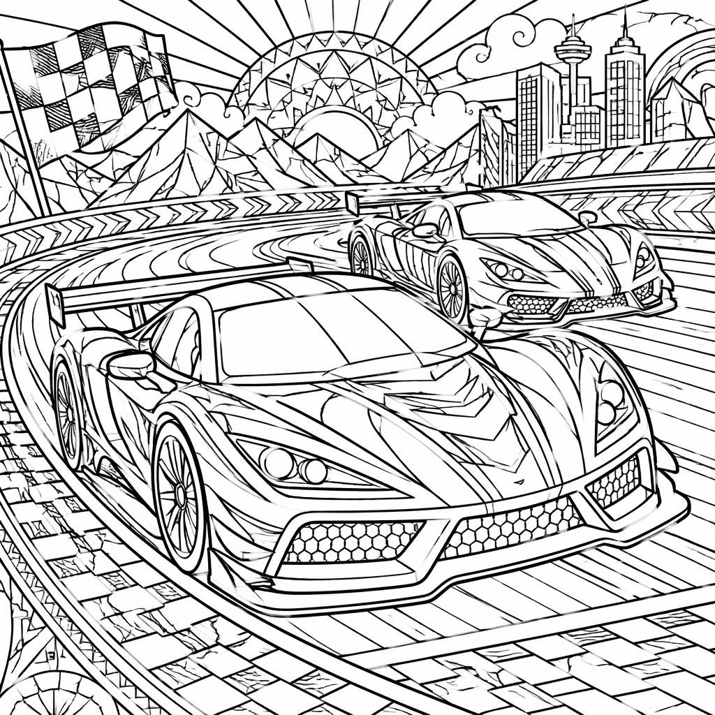 Illustration noir et blanc style manga avec voitures de course pour enfants, en contours nets à colorier