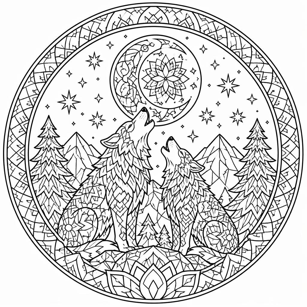 Ilustración para colorear en blanco y negro con lobos aullando a la luna, detalles mandala y líneas limpias.