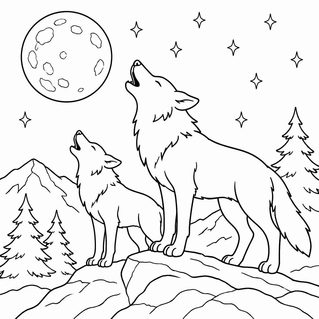 Schwarz-weiße Ausmalseite mit erwachsenen heulenden Wölfen unter einem großen Mond, in einfachen Linien.