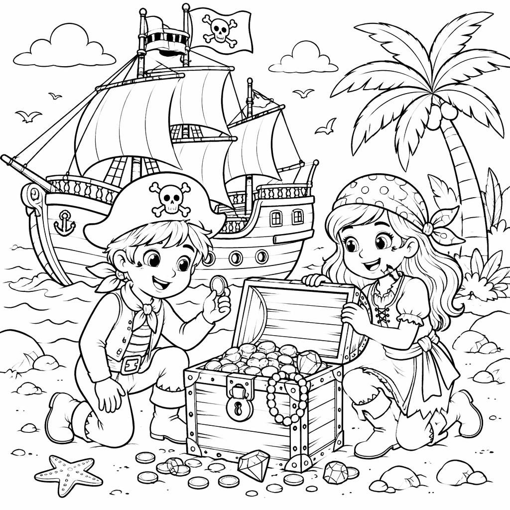 Schwarz-weiße Ausmalseite mit Piratenschiff, Schatztruhe und kindgerechten Figuren im Manga-Stil.