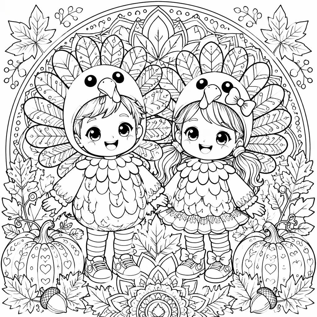 Schwarz-weiße Ausmalseite im Manga-Stil mit Thanksgiving-Truthahn, Kindern und filigranen Mandala-Details.