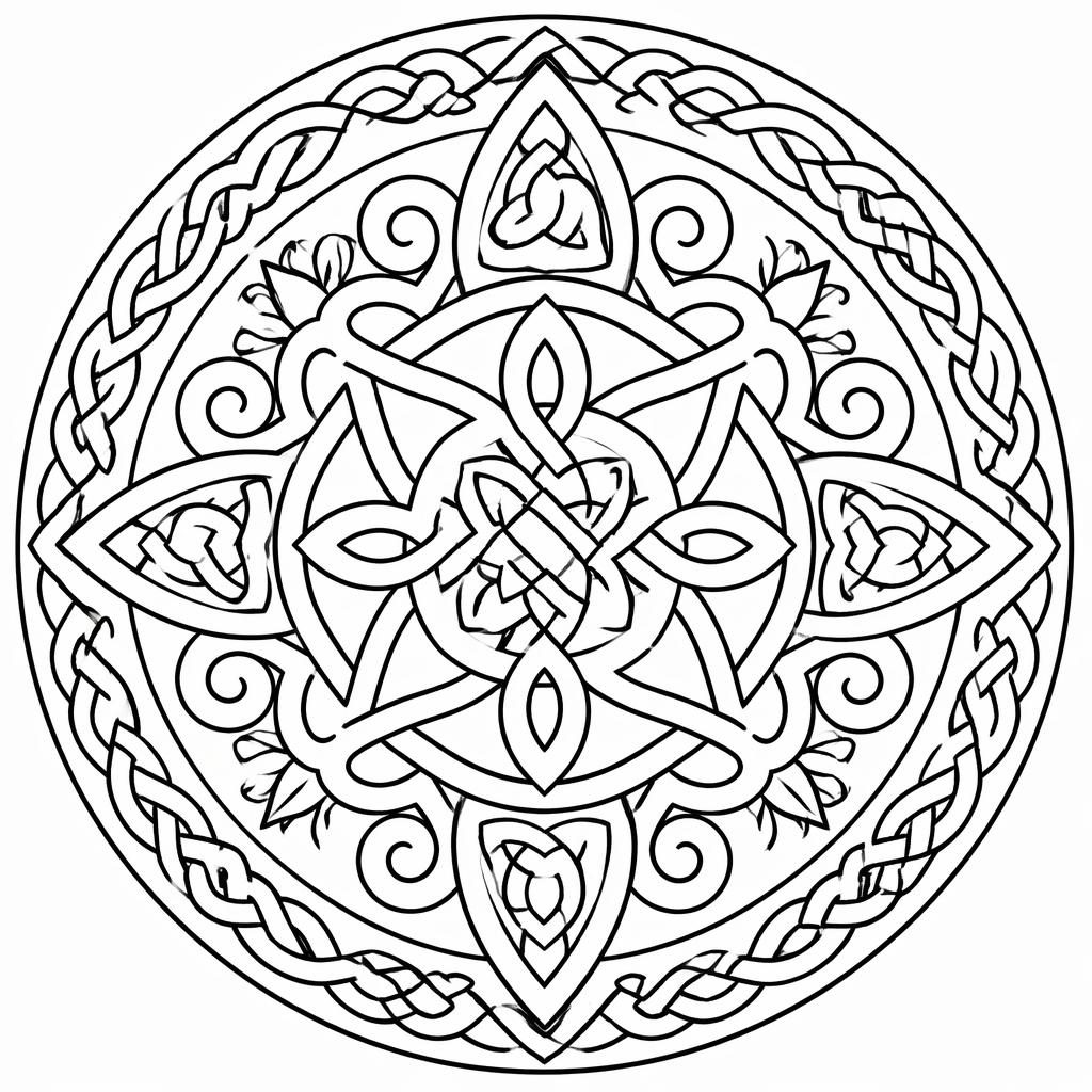 Illustration noir et blanc de nœuds celtiques complexes, style art nouveau, en contours nets à colorier.