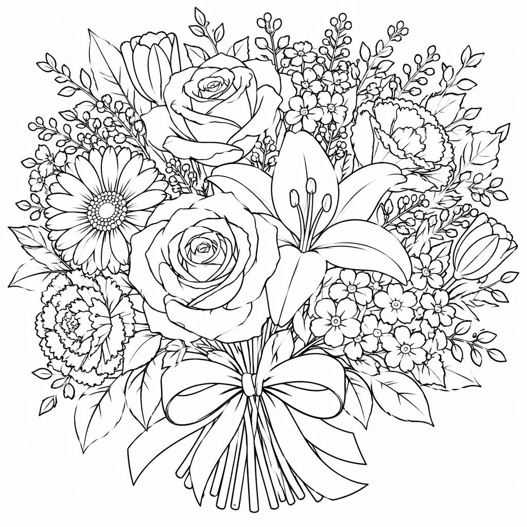 Schwarz-weiße Ausmalbild-Illustration eines detailreichen Blumenstraußes mit klaren Konturen auf weißem Hintergrund