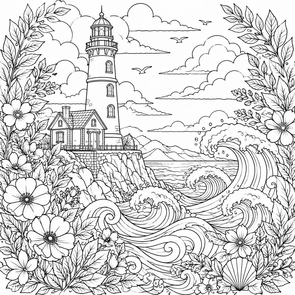 Schwarz-weiße Ausmalbild-Illustration mit Leuchtturm, Wellen und feinen botanischen Details für Erwachsene.