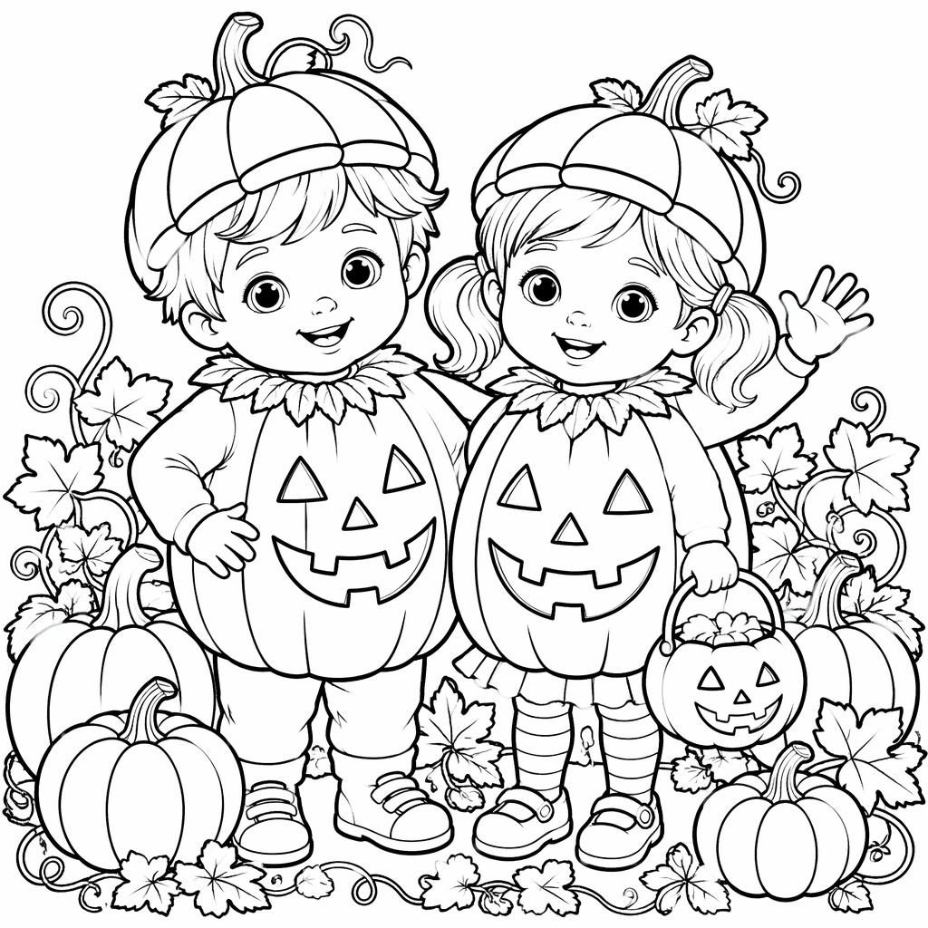 Illustration noir et blanc à colorier avec citrouille d’Halloween et enfants, en lignes épaisses sur fond blanc.