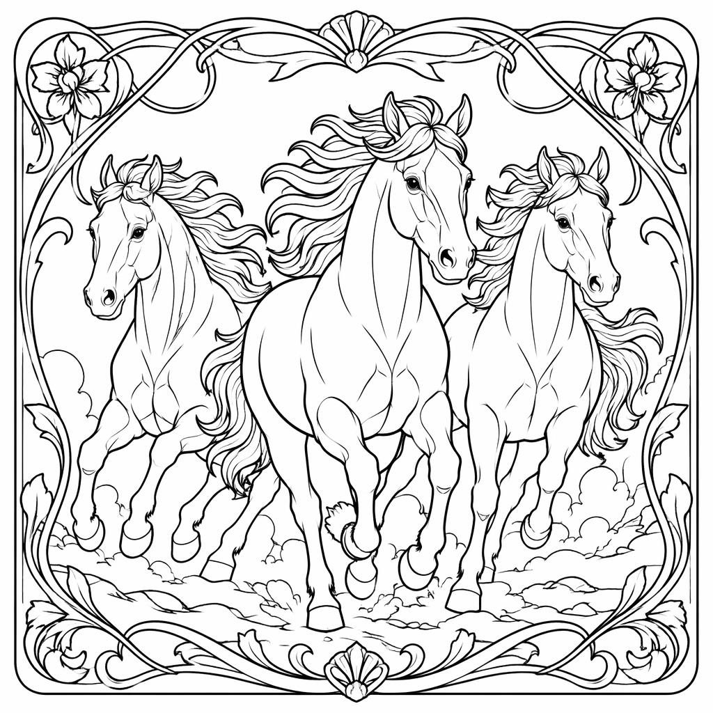 Ilustración en blanco y negro de varios caballos corriendo, estilo art nouveau, con contornos limpios y detallados.
