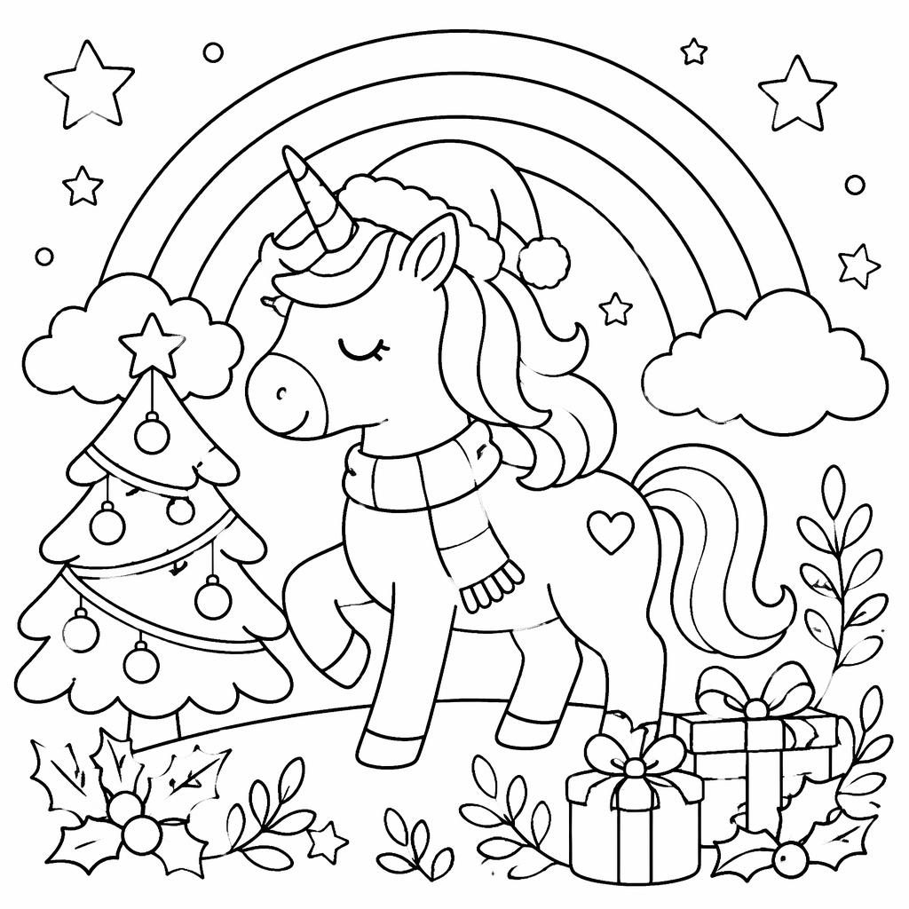 Ilustración para colorear en blanco y negro de un unicornio infantil con arcoíris y detalles botánicos.