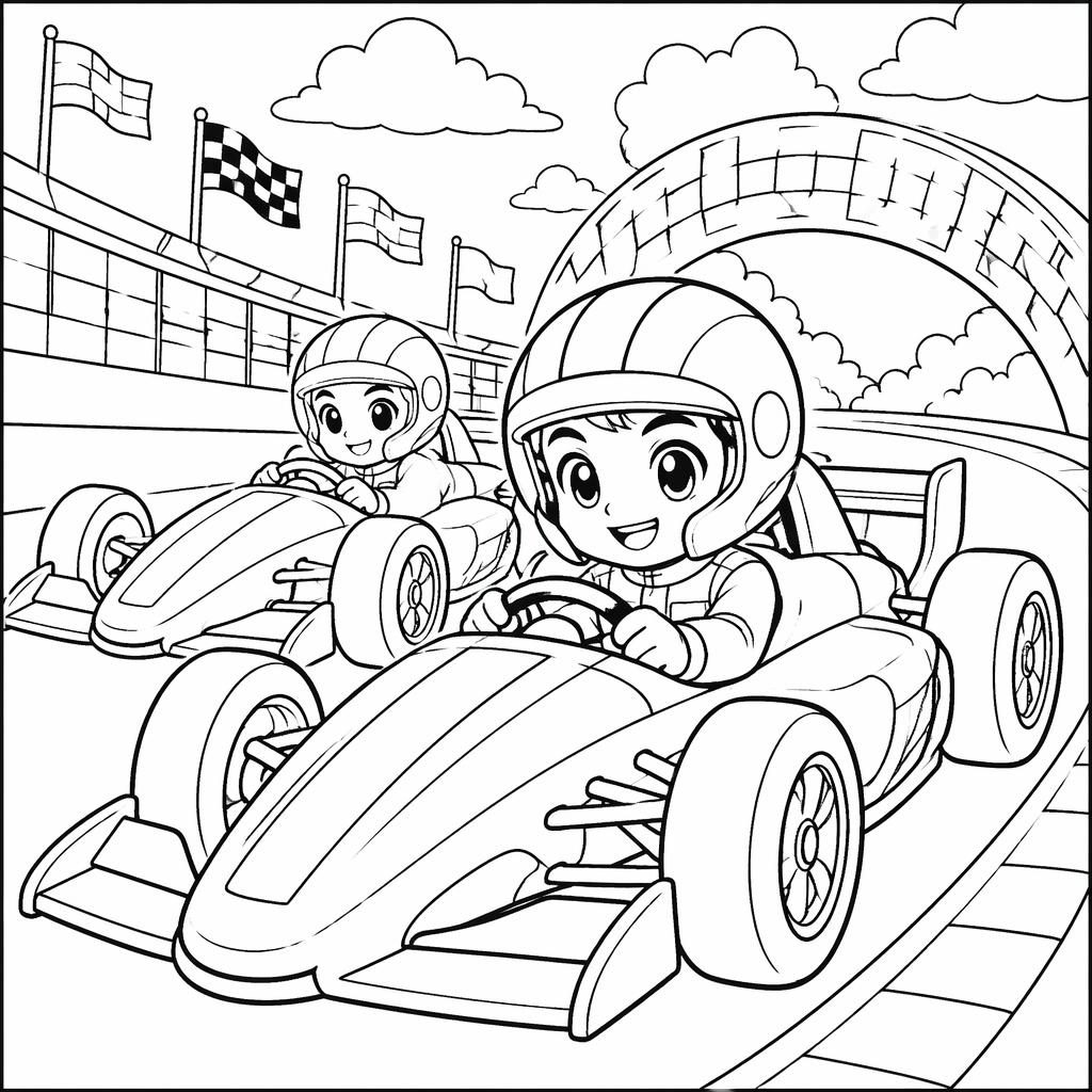 Black-and-white coloring page showing kid-friendly racing cars in detailed manga-style line art on a white background.