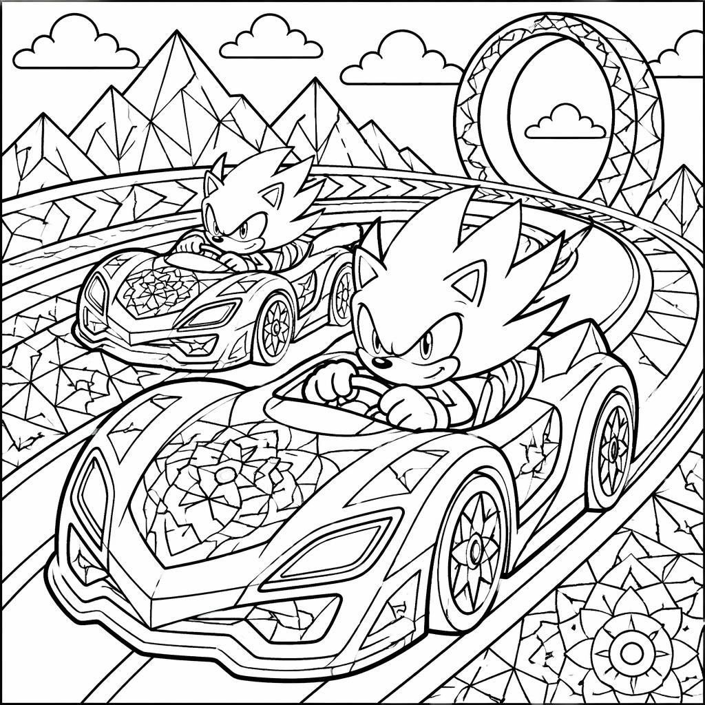 Illustration noir et blanc à imprimer avec plusieurs voitures de course pour enfants, style mandala géométrique.