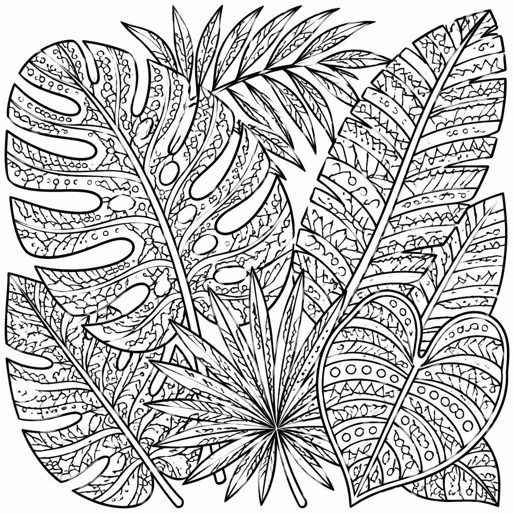 Ilustración en blanco y negro de un puma rodeado de hojas tropicales zentangle, con líneas gruesas y formas cerradas.
