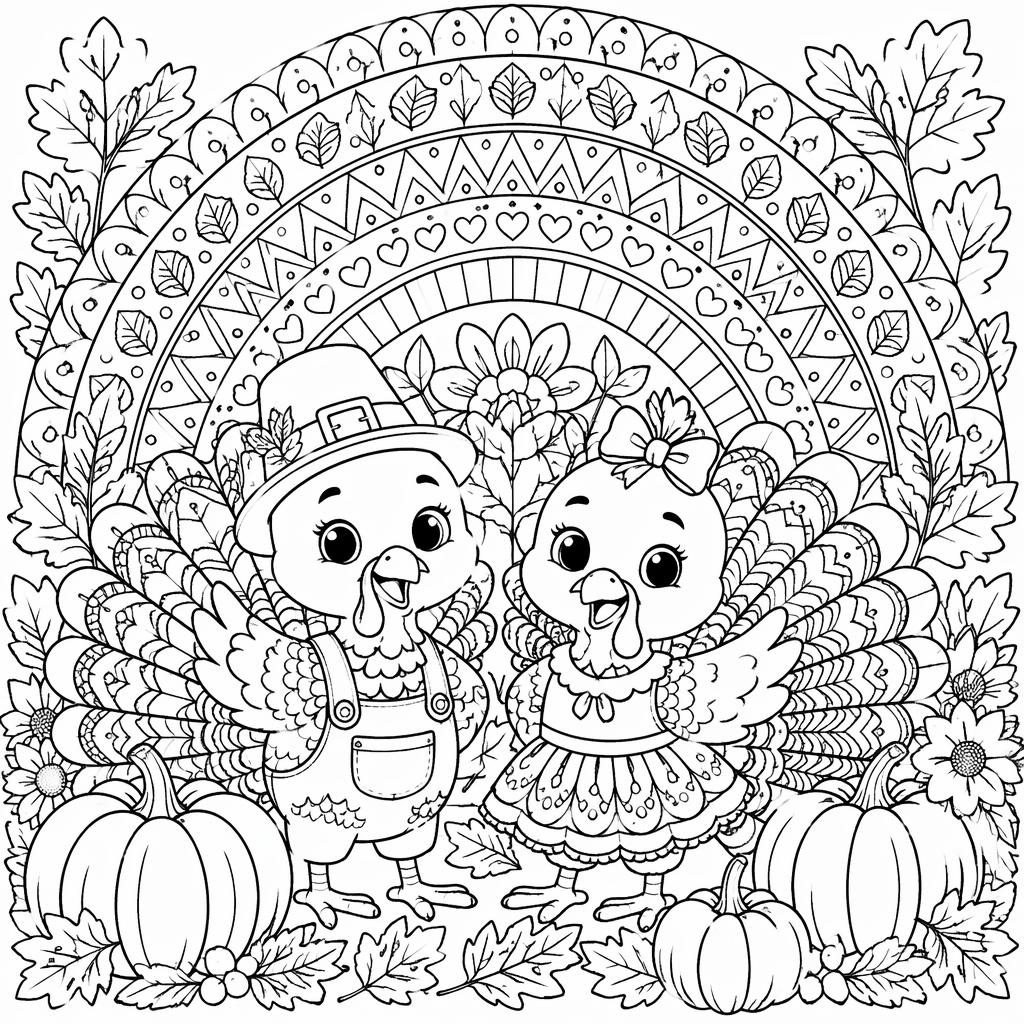 Ilustración para colorear en blanco y negro de pavo de Acción de Gracias para niños con detalles botánicos.