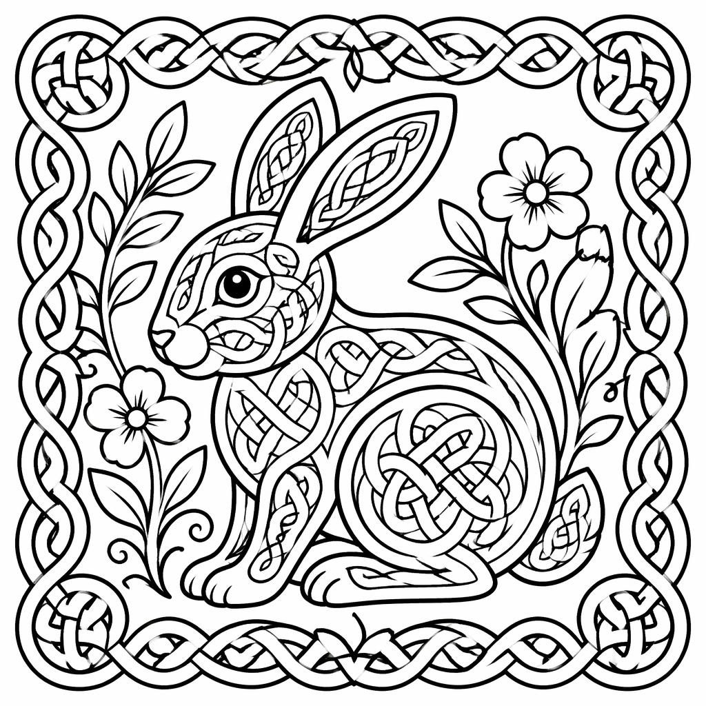 Ilustración en blanco y negro de un conejo con nudos celtas y detalles botánicos, líneas gruesas para colorear.