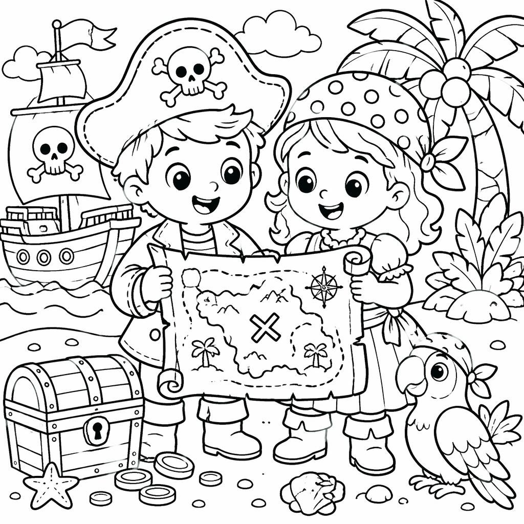 Schwarz-weiße Ausmalseite mit kindgerechten Piraten, Schatzkarte und dicken Konturen im Doodle-Stil.