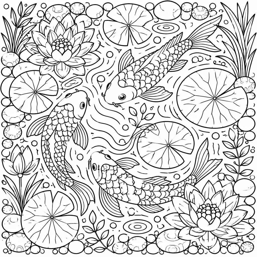 Schwarz-weiße Ausmalbild-Illustration mit Koi-Teich, Fischen, einfachen Linien und geschlossenen Formen im Doodle-Stil.