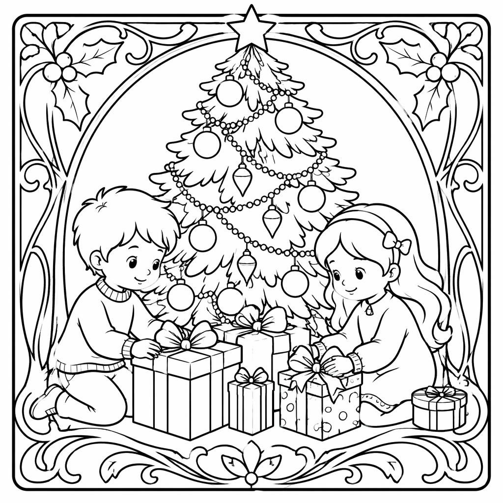 Black-and-white coloring page of a Christmas tree with presents and kids, chunky outlines, clean printable line art.