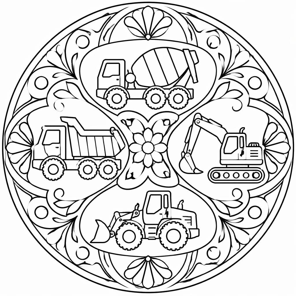 Schwarz-weiße Ausmalbild-Illustration mit einfachen Baustellenfahrzeugen im Jugendstil für Kinder