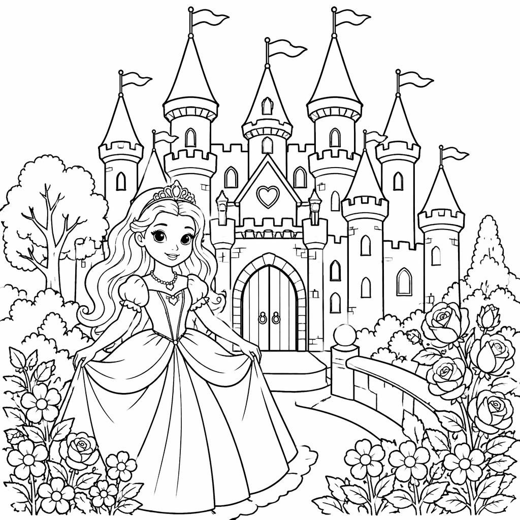 Schwarz-weiße Ausmalseite mit Märchenschloss, Prinzessinnen-Flair, Kindern und botanischen Details als klare Linien
