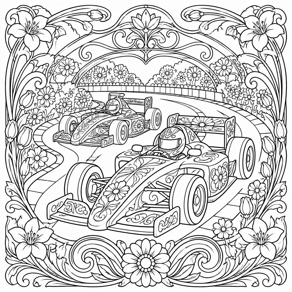 Schwarz-weiße Ausmalbild-Illustration mit kindgerechten Rennwagen, floralen Ornamenten und detailreichen Jugendstil-Linien