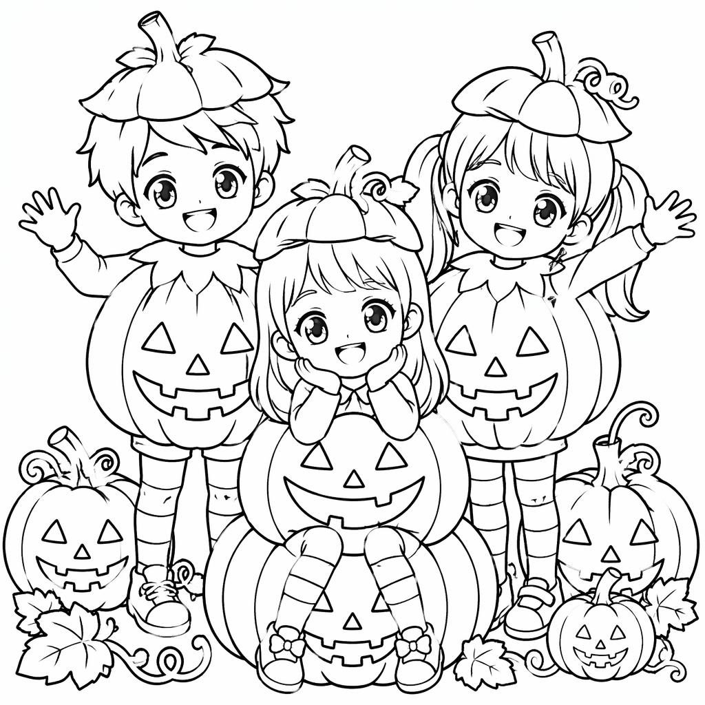 Ilustración para colorear en blanco y negro de niños con una calabaza de Halloween, estilo manga y contornos limpios.
