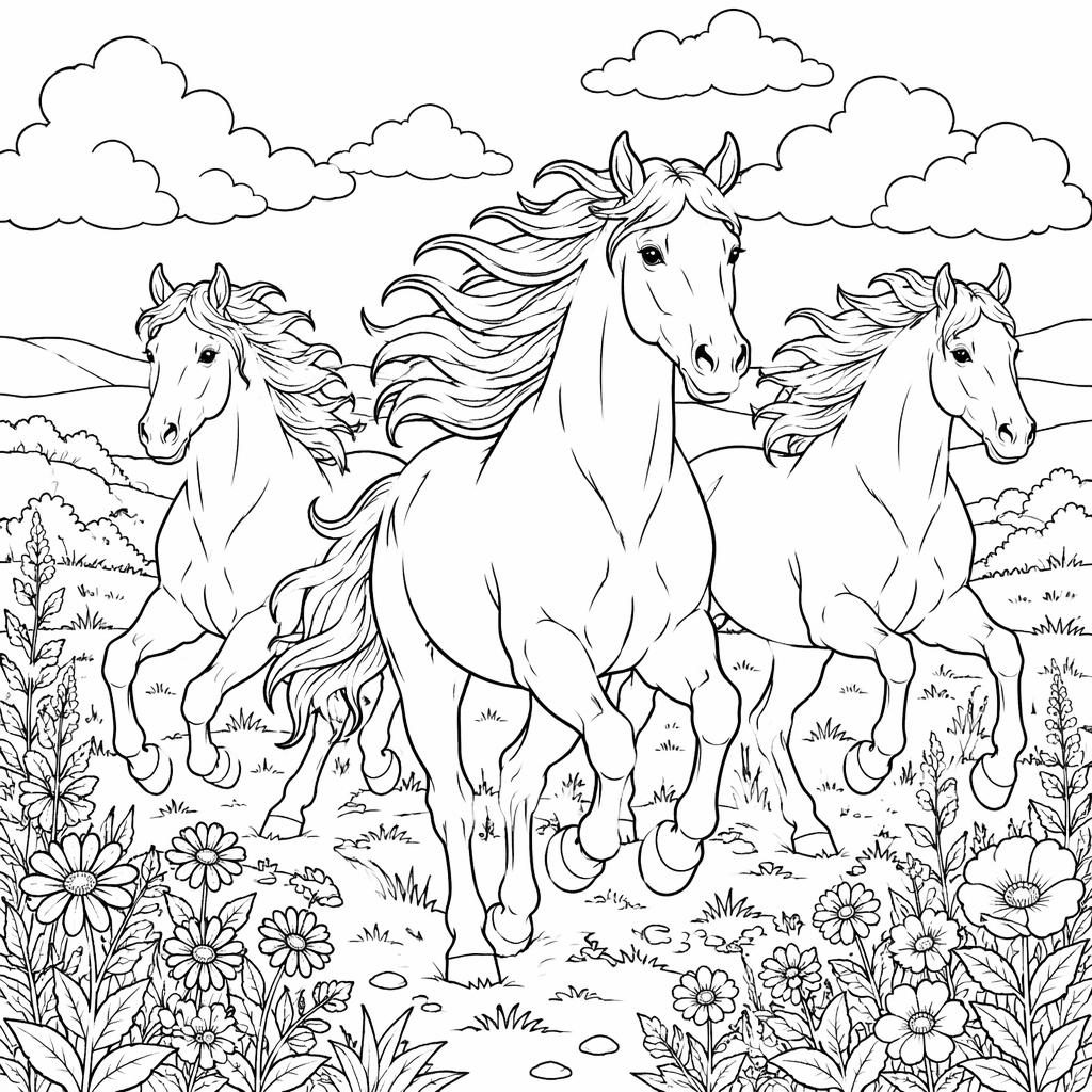 Schwarz-weiße Ausmalbild-Illustration mit detailliert laufenden Pferden im botanischen Line-Art-Stil.