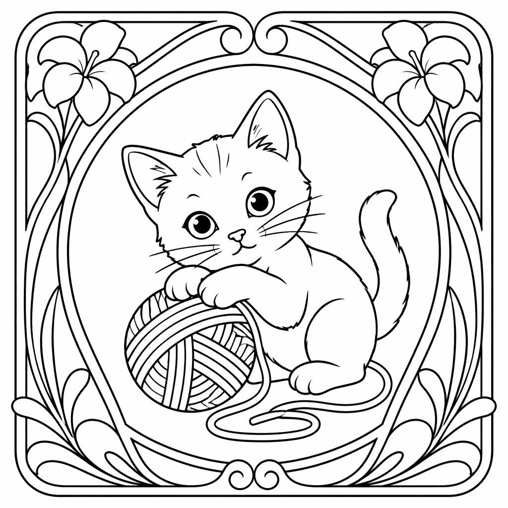 Illustration noir et blanc d’un chaton avec une pelote de laine, contours simples, style art nouveau pour coloriage