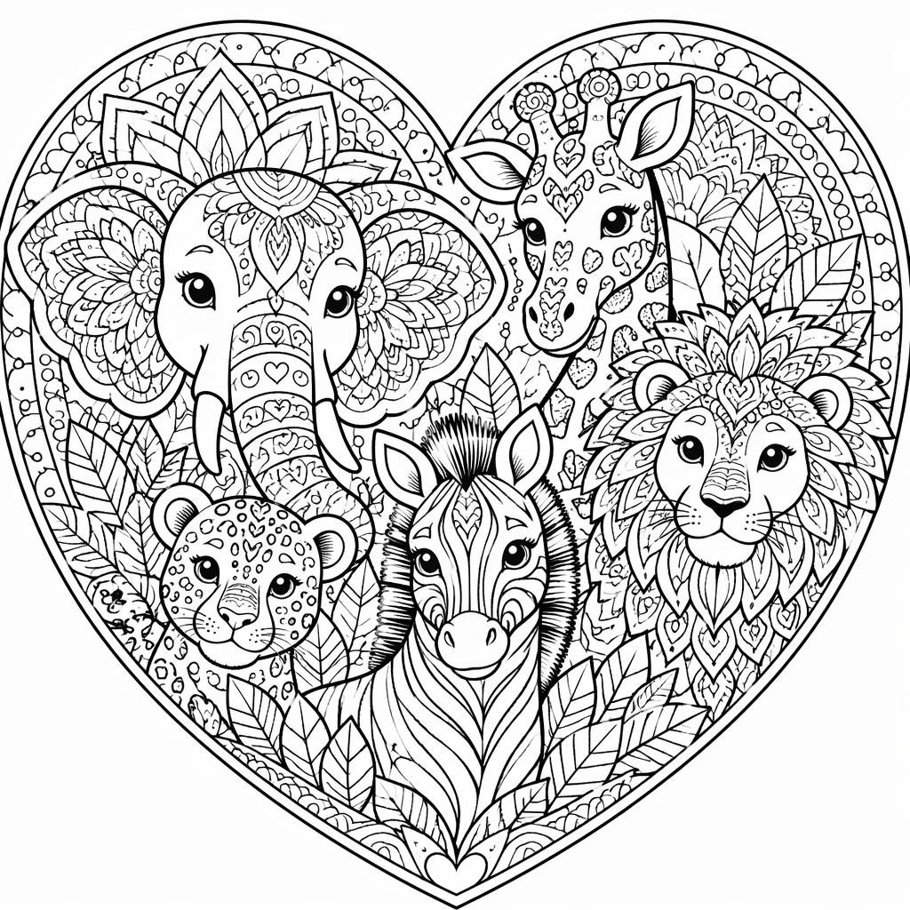 Black-and-white coloring page illustration of: safari animals zentangle. Audience: kids 11+, intricate (mandala-level) d