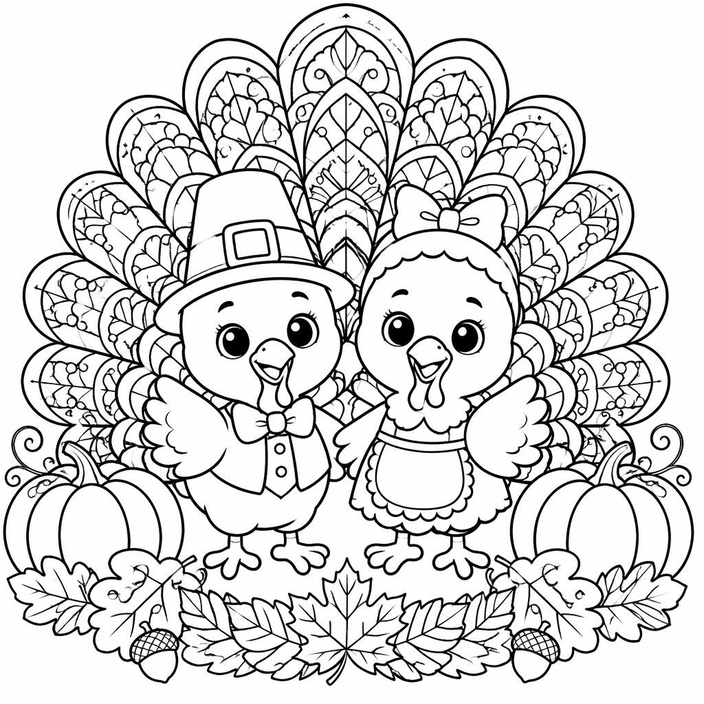 Illustration noir et blanc détaillée d'enfants avec une dinde de Thanksgiving, style cartoon, contours nets à colorier.