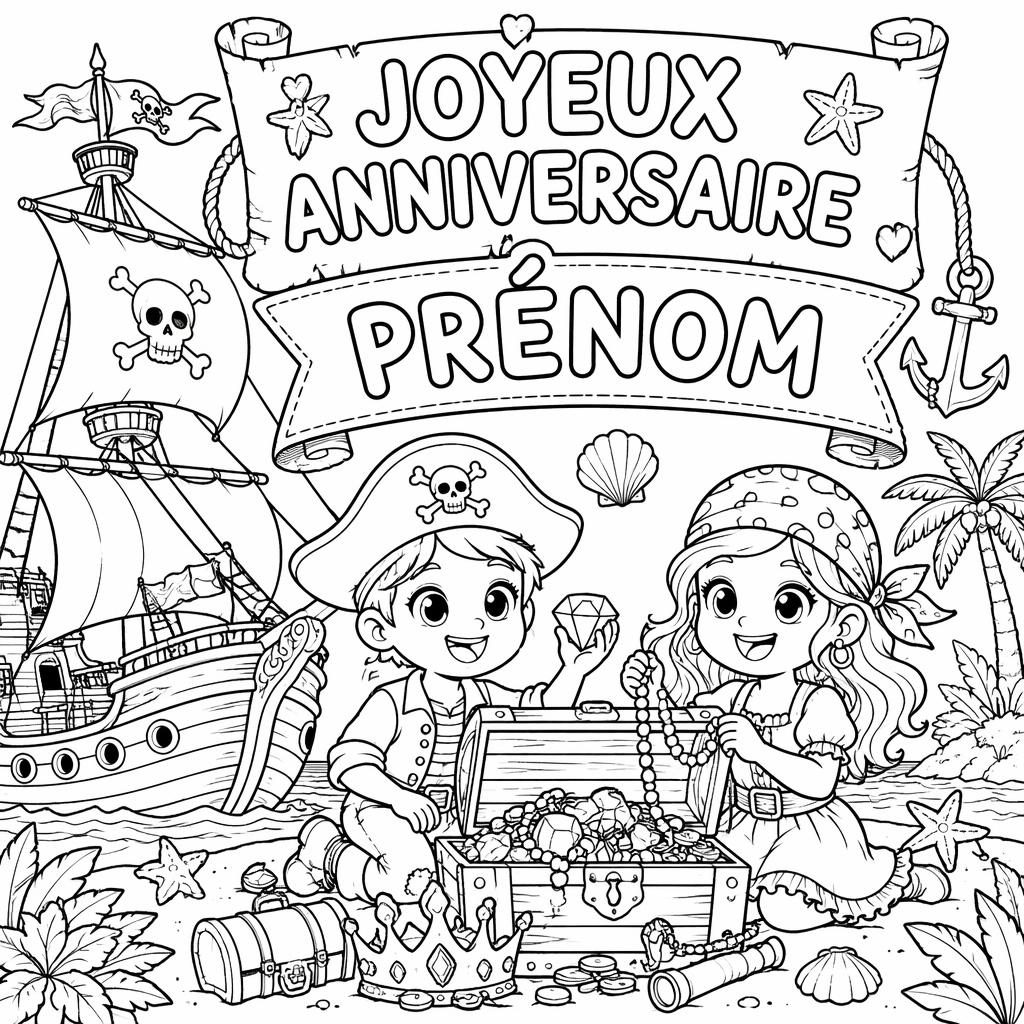 Illustration à colorier en noir et blanc d’un bateau pirate avec coffre au trésor et enfants, style manga détaillé.