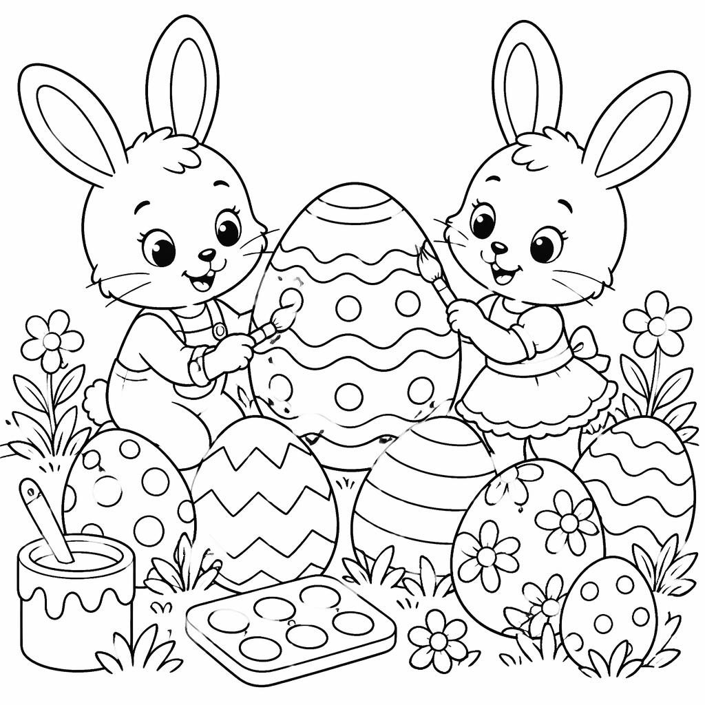 Black-and-white coloring page with bunny kids and Easter eggs in simple realistic line art on a white background.