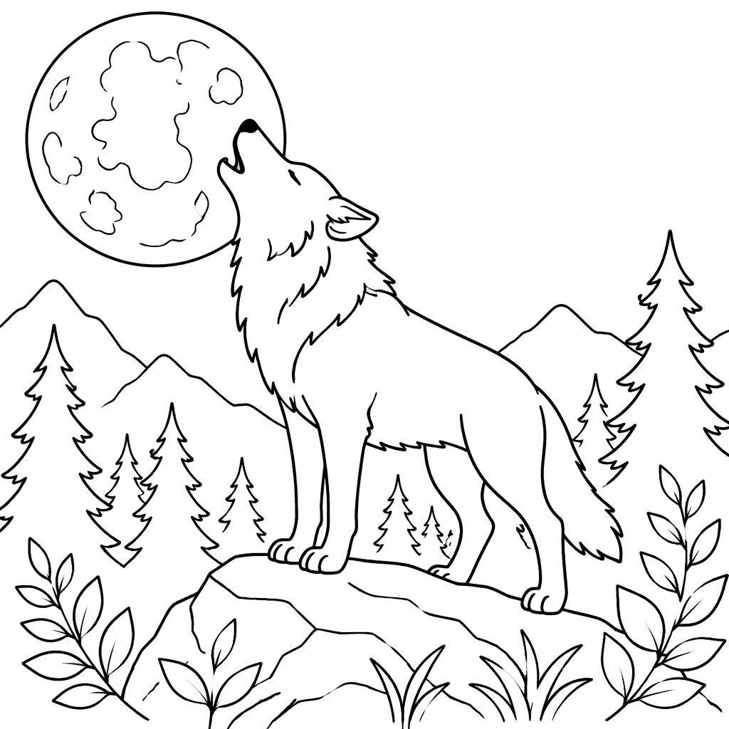 Einfache Schwarz-Weiß-Ausmalseite mit heulenden Wölfen unter dem Mond, klare Konturen, botanischer Linienstil.