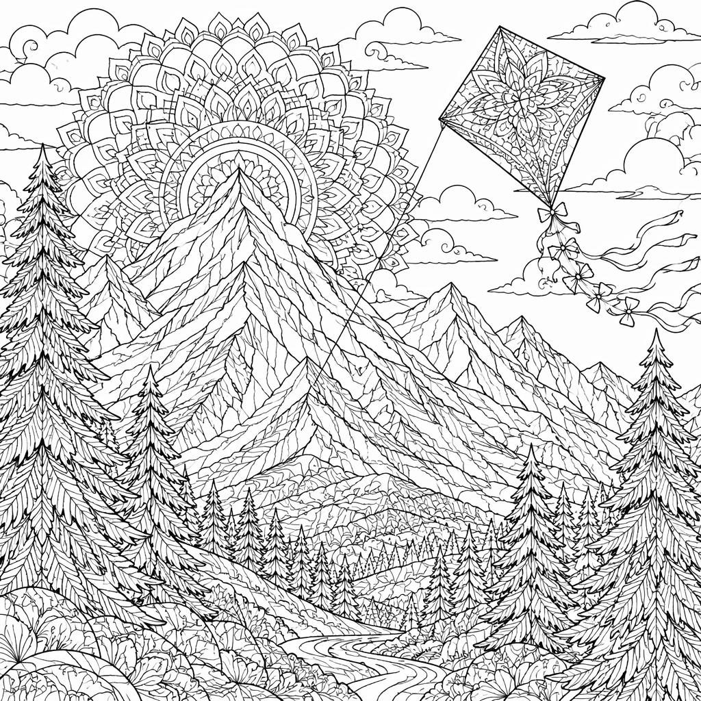 Illustration à colorier en noir et blanc avec montagnes, pins et détails complexes, contours nets sur fond blanc.