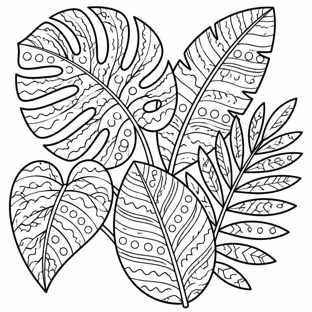 Illustration noir et blanc de feuilles tropicales en zentangle, contours simples, style coloriage pour enfant.