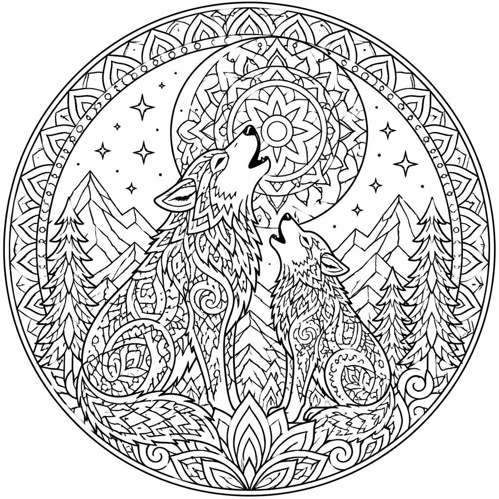 Black-and-white coloring page of two wolves howling at the moon in intricate mandala-style line art.
