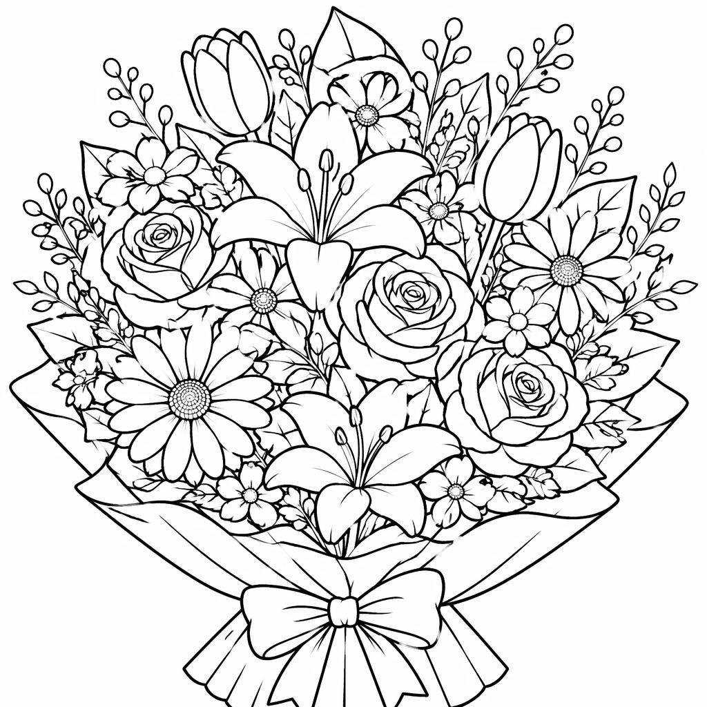 Illustration noir et blanc d’un bouquet de fleurs détaillé, style cartoon mignon, contours nets à imprimer et colorier.