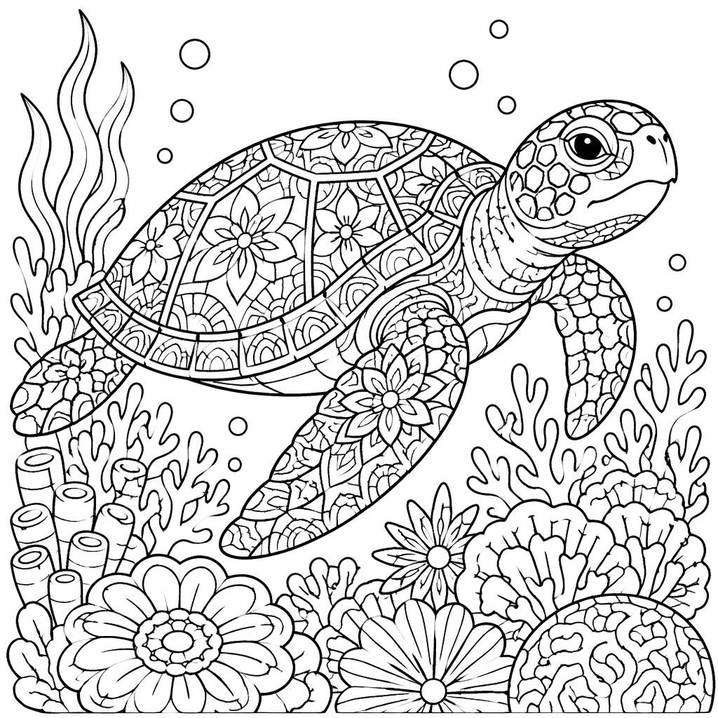 Ilustración para colorear en blanco y negro de una tortuga marina adulta en arrecife, estilo mandala geométrico.