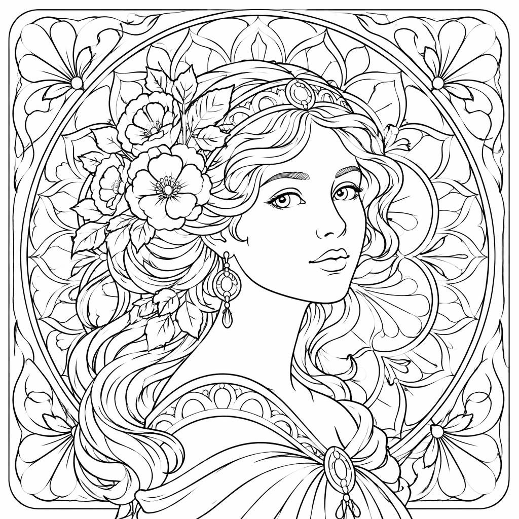 Black-and-white line art of an art nouveau woman portrait with mandala geometric details, printable coloring page.