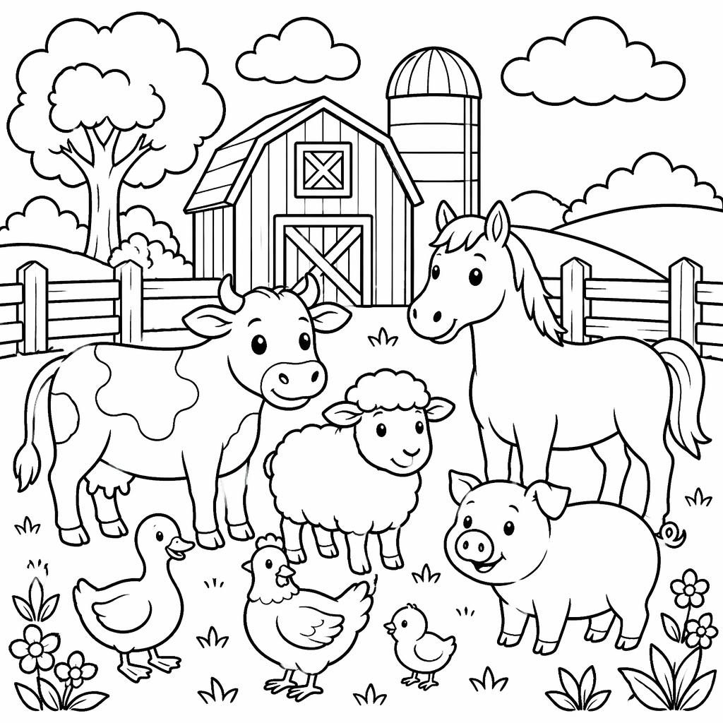 Schwarz-weiße Ausmalseite mit Bauernhoftieren auf dem Hof, einfache Konturen für Kinder, druckbares Line-Art