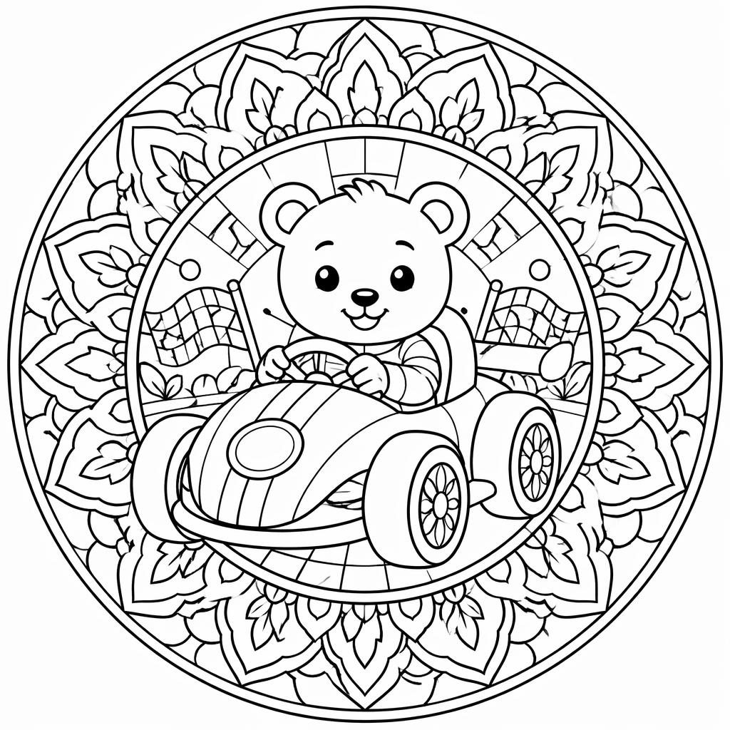 Ilustración para colorear en blanco y negro con coches de carreras infantiles, líneas botánicas y detalle limpio.