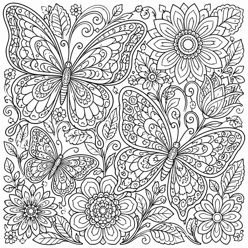 Illustration noir et blanc à colorier avec papillons détaillés et fleurs en style zentangle, contours nets sur fond blanc.