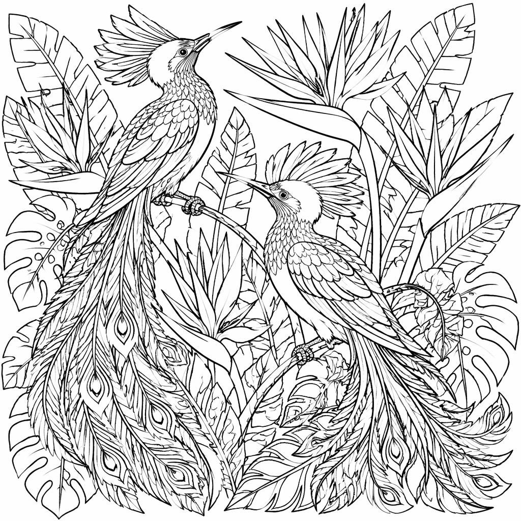 Black-and-white coloring page of detailed birds of paradise in intricate manga-inspired line art on a white background.