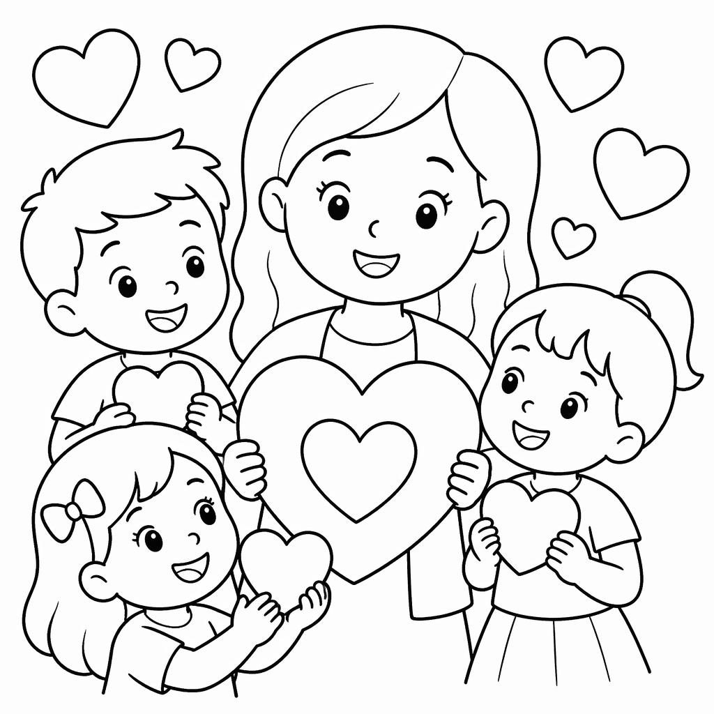 Black-and-white coloring page with cute valentine hearts for kids, drawn in chunky cartoon outlines on a white background.
