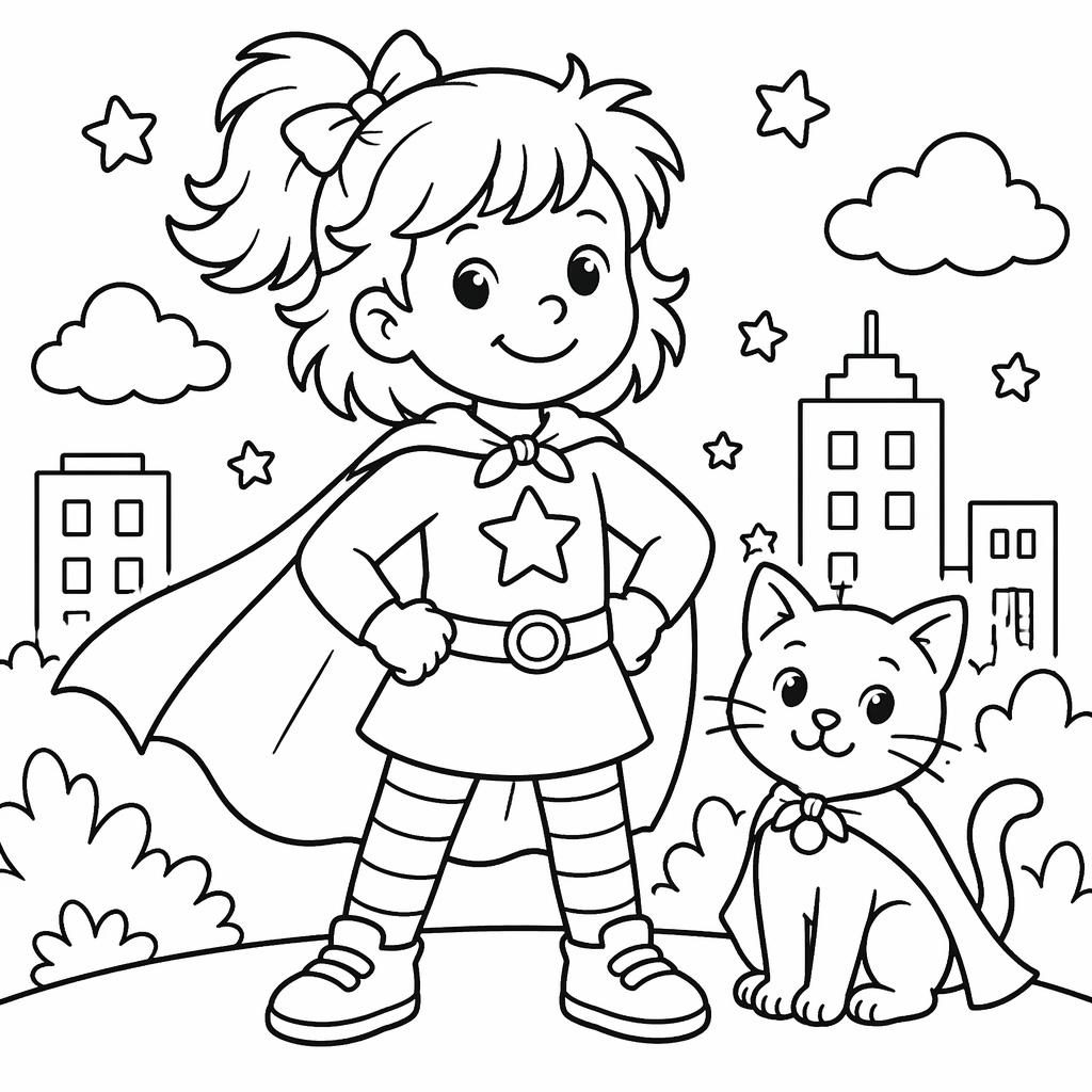 Schwarz-weißes Ausmalbild mit Superhelden-Cartoonkindern, dicken Konturen und kindgerechtem Line-Art-Stil