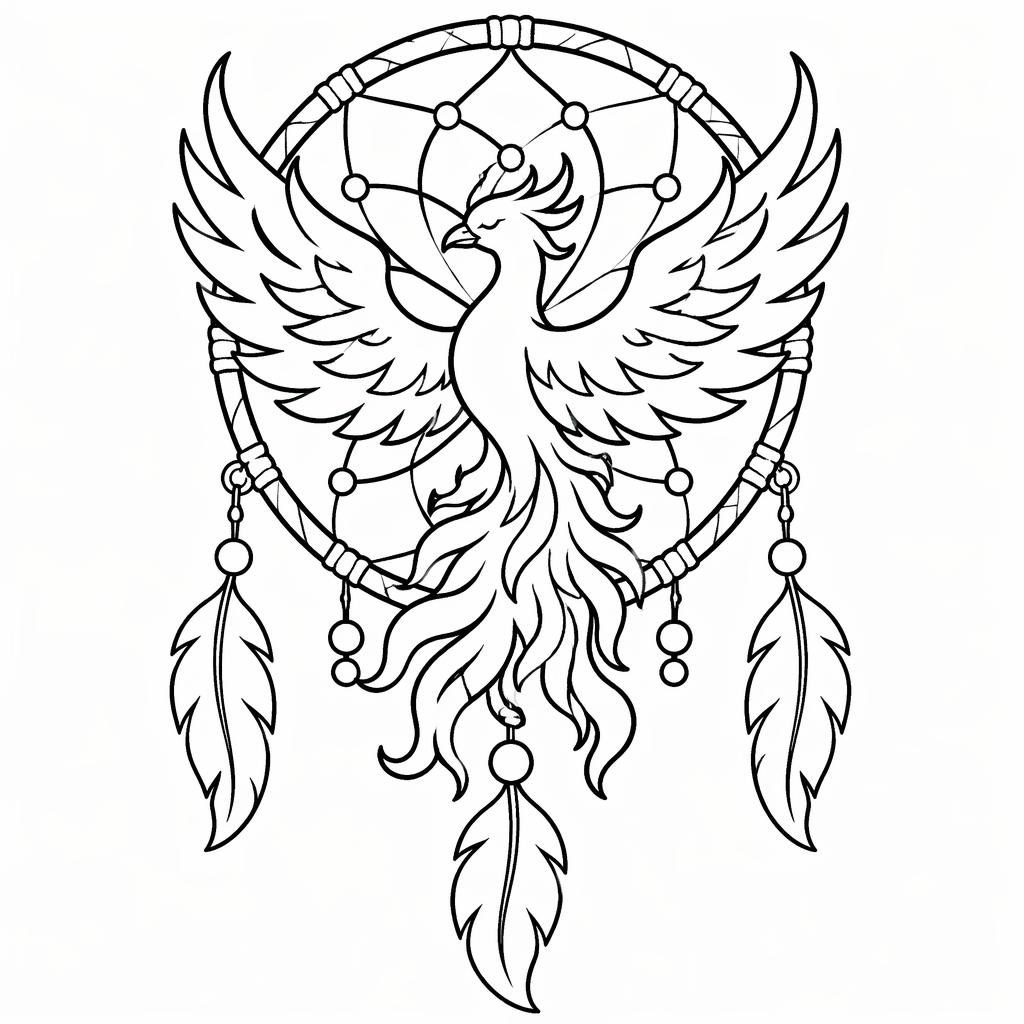 Schwarz-weiße Ausmalseite mit erwachsenem Phönix in Flammen, einfachen dicken Linien und Jugendstil-Formen