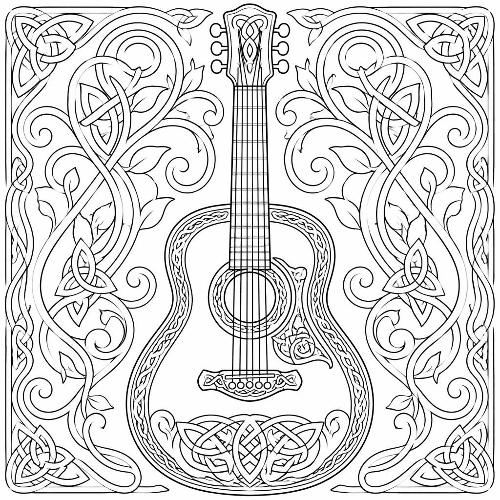 Illustration noir et blanc d’une guitare à colorier ornée de nœuds celtiques détaillés, en style art nouveau.